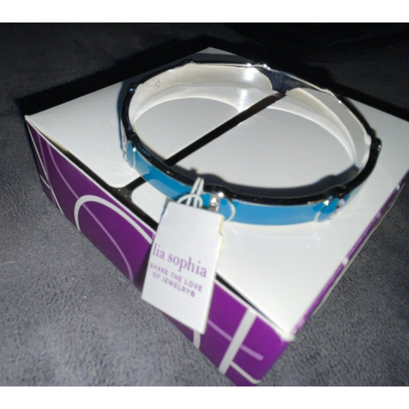 Lia Sophia Bracelet Sz Small Bangle Clear Skies Geometric Teal Blue Crystal Gift - Picture 10 of 11